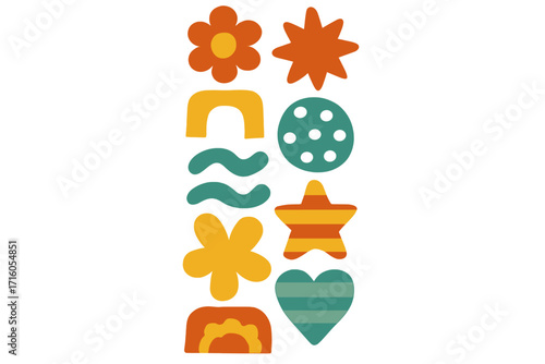 Groovy 70s paper shapes set. Abstract childish doodles in vintage colors. Retro flower, star, and heart cutouts. Hippie style decorative elements for scrapbook design.