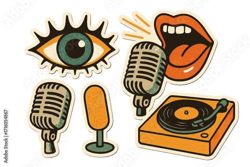 Groovy music sticker pack. Retro 70s collage elements. Mouth singing into vintage microphone, eye, record player. Pop art vector illustration in halftone paper style.