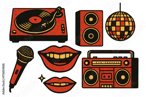 Retro disco party music equipment collage set. Vinyl record player, speaker, boombox, microphone, smiling mouth and mirror ball in vintage grunge halftone print effect. 70s vibe.