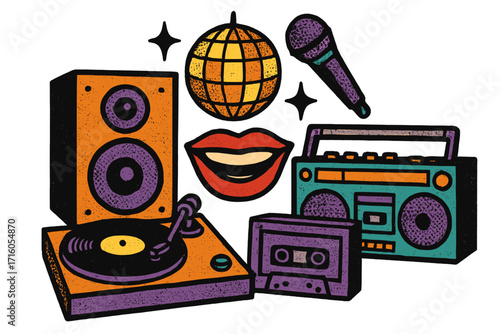 Retro music equipment set for disco party. Vector collage icons with vinyl player, speaker, boombox, microphone, lips, mirror ball. Vintage 80s 90s sticker pack grunge style.