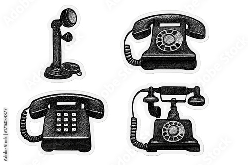 Retro phones collage set. Vintage rotary telephones and handsets in halftone dotted style. Nostalgic communication technology stickers. Old-fashioned paper cutout design vector.
