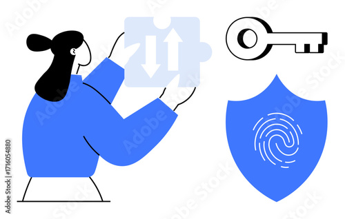 Female figure holds puzzle piece with arrows, next to a key and shield with a fingerprint. Ideal for security, access, problem-solving, data privacy, encryption, authentication, simple flat metaphor