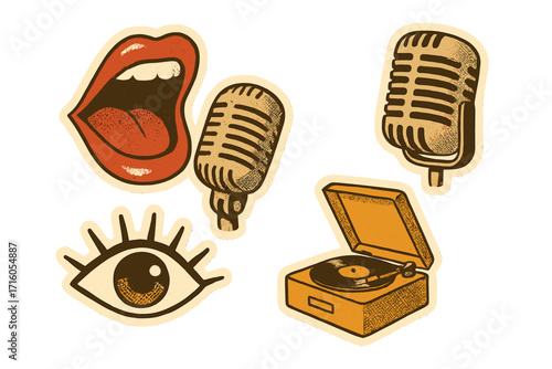 Retro groovy music collage elements. Vintage 70s sticker pack with singing mouth, microphone, and record player. Pop art eye vector illustration for funk, soul, radio, podcast.
