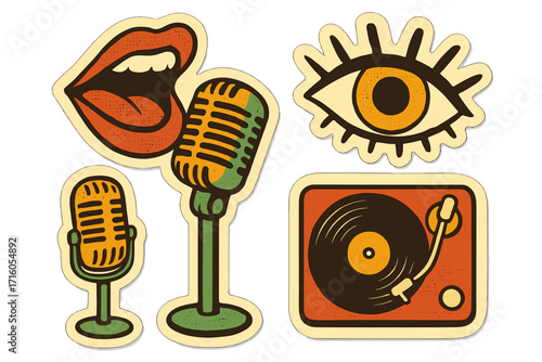 Retro groovy music collage elements. Vintage 70s sticker set. Mouth singing to microphone, eye, retro mike, record player. Pop art vector illustration with paper texture.