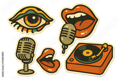 Retro groovy music sticker set. Vintage 70s collage elements. Mouth singing into a microphone, record player, vinyl, pop art eye. Halftone paper texture vector icons.