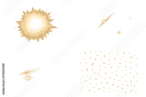 Set of realistic golden light effects. Sun flare, light explosion, star burst, and glitter sparkles. Transparent lens flare, light streak, and shiny confetti overlay elements.