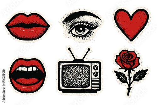 Grunge halftone sticker set with punk rock elements. Retro y2k collage with lips, eye, mouth, heart, rose and vintage tv. Dotted doodle design for Valentine's day.