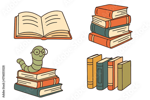Book lover and reading concept with cute bookworm character. Vector set of book stacks, open textbook for education, school, and library. Hand drawn literature illustrations.