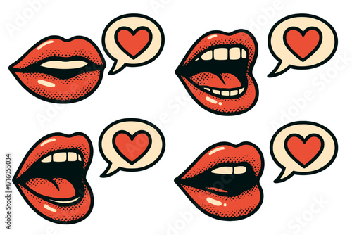 Pop art mouths with love speech bubbles. Retro comic style lips talking about love. Vintage halftone vector illustration set for Valentine's Day. Y2K romance concept.