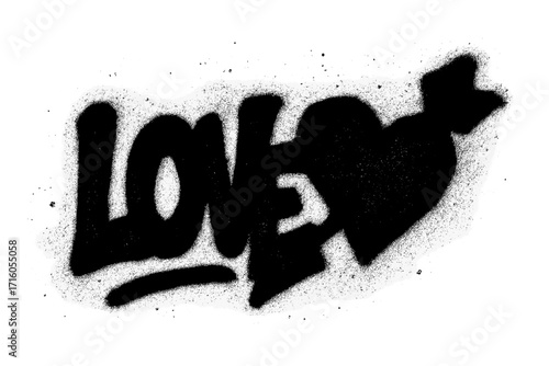 Graffiti love word with heart and arrow. Urban street art style typography. Textured spray paint aerosol illustration with overspray. Stencil lettering on white background.