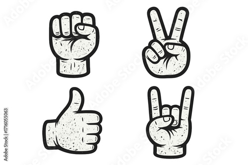Set of grunge hand signs vector cartoon illustration. Fist for power and protest, peace symbol, thumbs up for like and approval, and rock on gesture for heavy metal music.