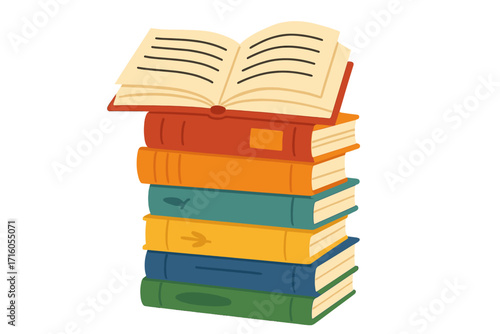 Colorful stack of books with open book on top isolated on white. Pile of textbooks for education or library. Concept for reading, literature, knowledge, study, learning.