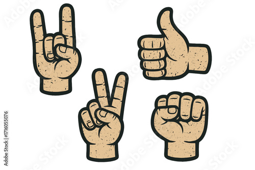 Set of grunge hand signs. Vector cartoon illustration of gestures. Rock on horns, peace sign, thumbs up for like, and clenched fist for power. Vintage retro style icons.