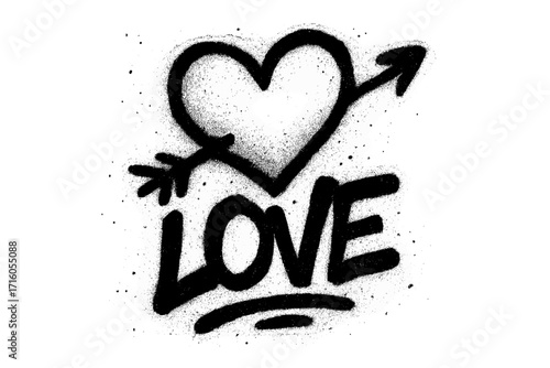 Graffiti love word with heart and arrow. Urban street art style typography. Vector illustration with black spray paint texture and overspray effect on a white background.