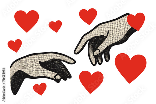 Hands reaching in Creation of Adam style. Romantic love, connection concept. Halftone vector illustration for Valentine's Day card. Y2K retro collage with red hearts.