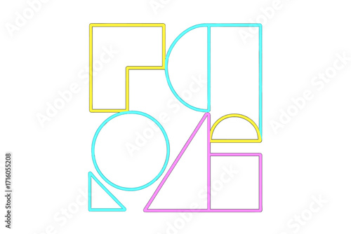 Trendy brutalist geometric bold pattern. Bauhaus inspired minimalist primitive block composition of simple shapes. Vector linear neon illustration, abstract background design.