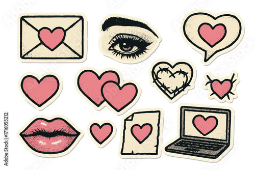 Y2k grunge Valentine's Day sticker set. Retro punk love icons with halftone texture. Vintage collage elements like hearts, lips, eyes, and love letters for nostalgic design.