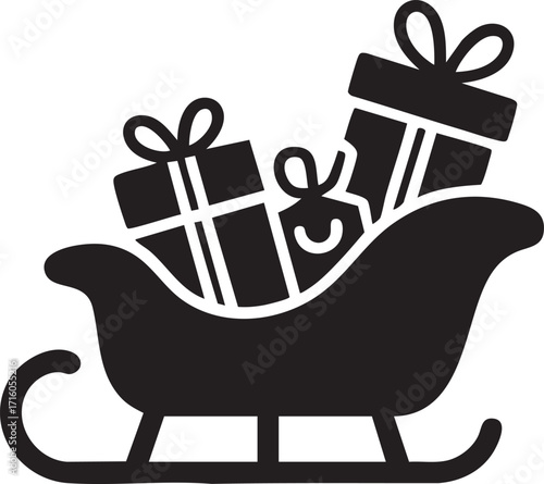 Santa sleigh filled with gifts – black & white Christmas silhouette vector