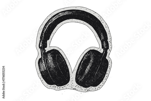 Halftone headphones vector icon. Retro music and audio concept. Distressed grunge sticker style illustration for listening, podcast, DJ. Vintage sound symbol graphic.