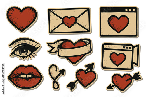 Y2k grunge sticker set for Valentine's day. Retro punk collage with vintage halftone elements like hearts, lips, eyes, and love letters. Old school tattoo style romance icons.