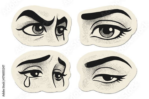 Retro collage set of emotional eyes. Halftone paper stickers with angry, sad, crying, happy expressions. Mental health, mood concept. Cartoon vector for poster, banner.