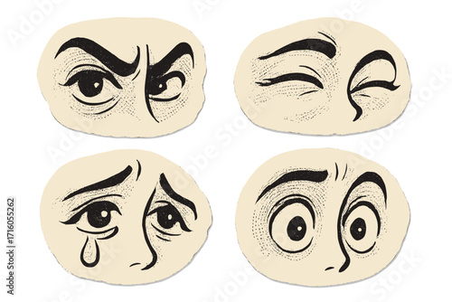 Set of emotional cartoon eyes. Retro comic stickers with expressions: angry, sad, winking, surprised. Vintage paper collage elements with halftone vector illustration.