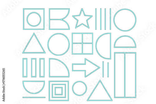 Trendy brutalist geometric bold shapes set. Bauhaus inspired minimalist primitive block elements. Brutalism simple forms collection. Vector linear figures illustration kit.