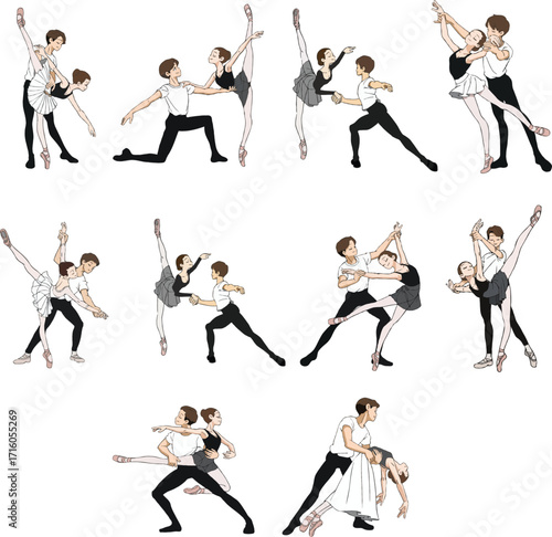 Image displays various vector illustrations of male and female ballet dancers performing a sequence of classical dance poses and moves. 