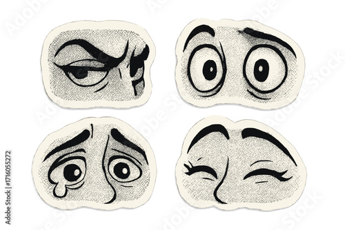 Retro cartoon emotional eyes set. Vintage comic expressions with halftone effect. Vector sticker pack for design. Anger, sadness, happiness, surprise, winking, crying faces.