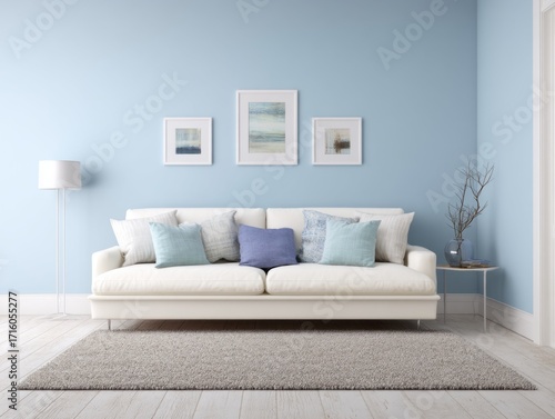 A light-blue-painted living room, featuring a white sofa, a beige rug, and decorative artwork, evokes a calm and serene ambiance.
