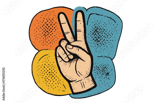 Peace sign hand gesture in a trendy retro collage style. Vintage 70s pop art vector with grunge halftone texture and cutout paper shapes. Victory hand symbol concept.