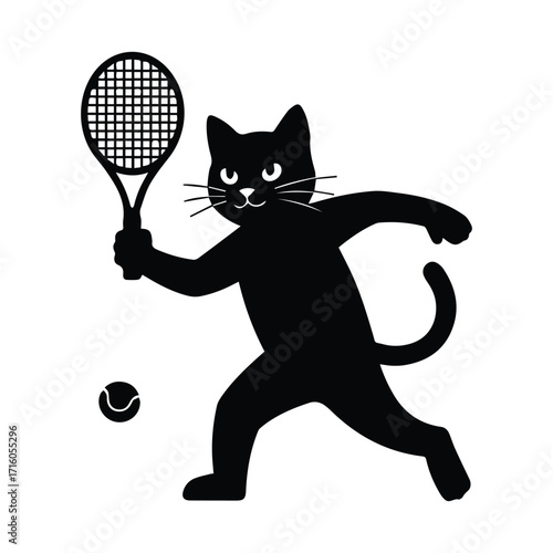 Playful black cat in silhouette swinging a tennis racket at a ball silhouette