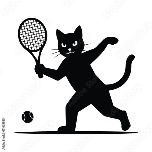Playful black cat silhouette in action playing tennis with a racket and ball