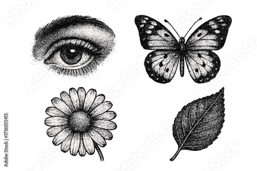 Grunge y2k elements set. Vintage photocopy texture effect. Retro abstract eye, butterfly, flower, leaf. Acid graphics with grain, noise and stippling for brutalism design.