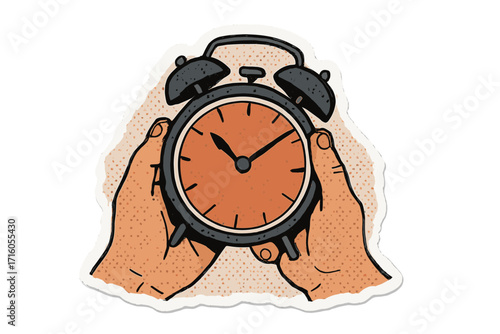 Hands holding alarm clock. Deadline concept, time management. Morning wake up, schedule pressure. Countdown reminder. Retro halftone collage sticker style vector illustration.