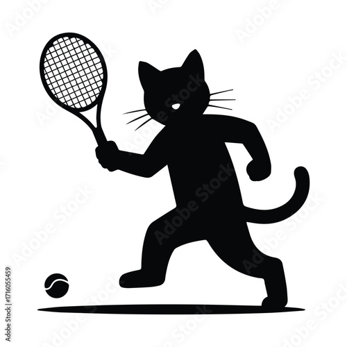 Playful black cat silhouette playing tennis with a racket and ball