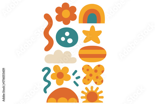 Groovy paper shapes set in childish style. Vintage bright colors and simple patterns. Trendy abstract composition. 70s retro design template for social media, scrapbooking.