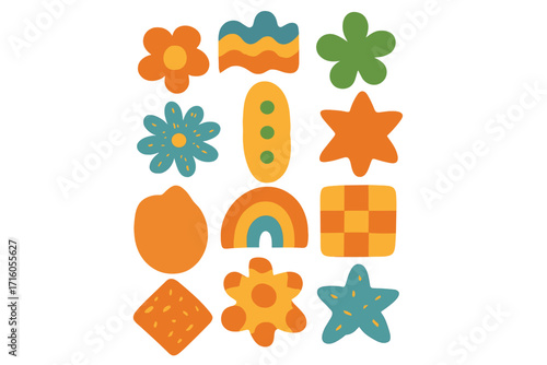 Groovy paper shapes set. Childish retro style elements with vintage bright colors. Trendy abstract composition with flowers, stars, rainbow for social media design.