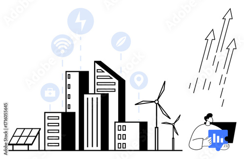Modern buildings, wind turbines, solar panel, data icons, and person analyzing data. Ideal for sustainability, innovation, urban planning, technology renewable energy data analytics economic