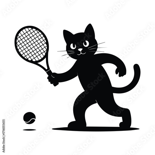 Playful black cat silhouette playing tennis with a racket and ball