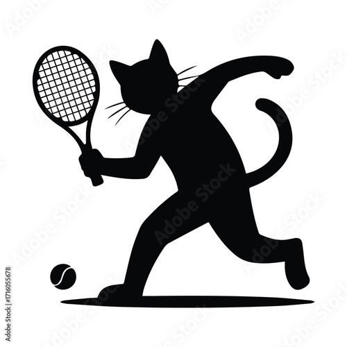 Playful black cat silhouette in action playing tennis with a racket and ball