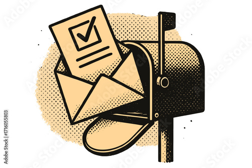 Vote by mail retro halftone illustration. Distant voting concept. Envelope with ballot paper dropped into mailbox. Election and democracy concept. Absentee voting vector.