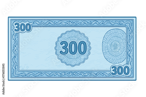 Voucher template banknote 300 with guilloche pattern and watermarks. Blue background money design. Gift voucher, coupon, diploma, currency, note, certificate border.