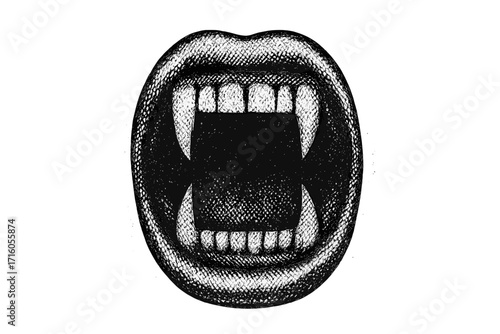 Vampire mouth with fangs screaming. Halloween horror monster concept. Halftone dotwork texture in vintage 90s grunge style. Vector illustration for dark fantasy design.