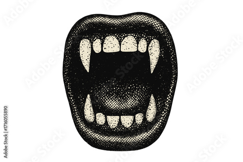 Vampire mouth with fangs vector icon. Halloween monster teeth. Spooky horror smile. Grunge 90s style halftone texture. Creepy dracula open mouth retro cartoon clipart.