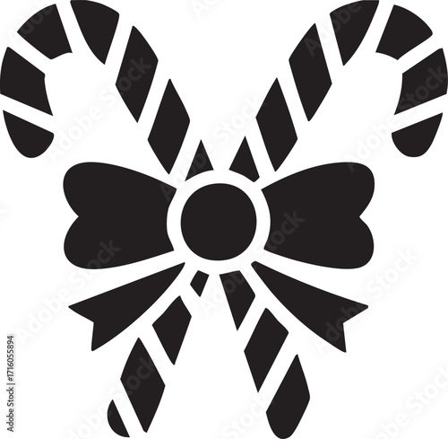 Crossed candy canes with bow – black & white Christmas silhouette vector