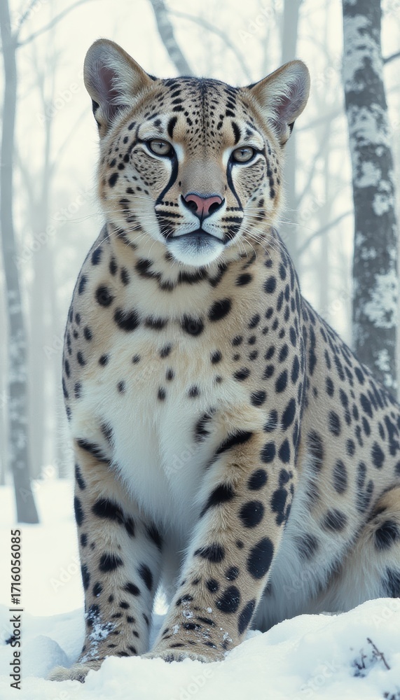 Obraz premium Majestic leopard sitting gracefully in snowy forest, showcasing stunning spotted fur amidst serene winter landscape in a tranquil environment for wildlife imagery