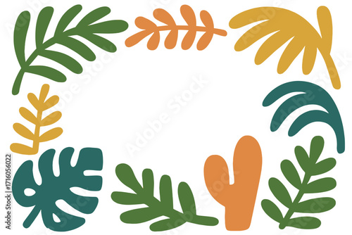 Hand drawn tropical leaves frame. Naive boho vector background with exotic plants. Minimalist summer floral border with palm, monstera, fern and cactus. Abstract trendy design.