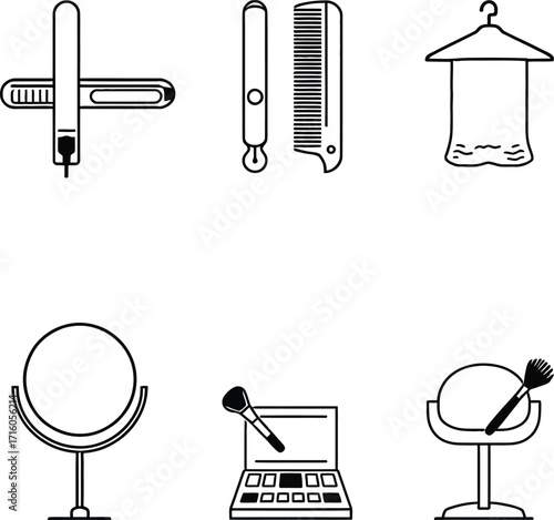 Beauty salon accessories line art illustration for hair styling and cosmetic application vector design