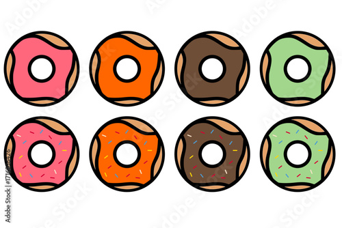 Colorful Donuts Set with Sprinkles and Icing Toppings